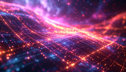 Fototapeta premium Digital data visualization: A mesmerizing digital representation of data flowing and interconnecting across a vibrant, three-dimensional landscape.