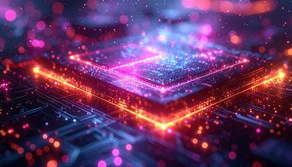 Obraz premium Illuminated Processor: A vibrant, abstract depiction of a computer processor core, glowing with electric lights and intricate circuitry. Evoking the power and complexity of modern digital technology.