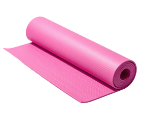 Rolled-up pink exercise mat partially unrolled on a black background