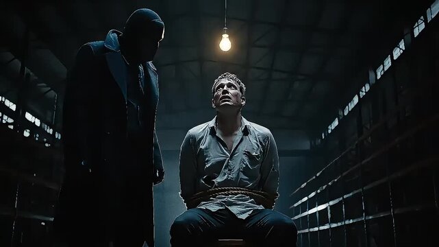 Intense interrogation scene in a dim warehouse with a restrained man facing a menacing figure