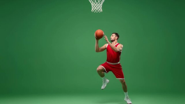 Man dribbling, shooting, and dunking basketball on green screen for chromakey compositing, athletic sport video