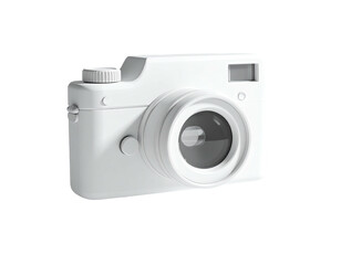 A simplistic, white 3D rendering of a camera, front view, isolated on black