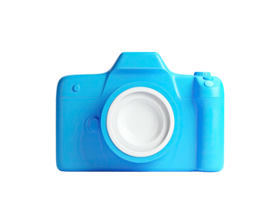 A vibrant blue camera icon, lens centered on a black background