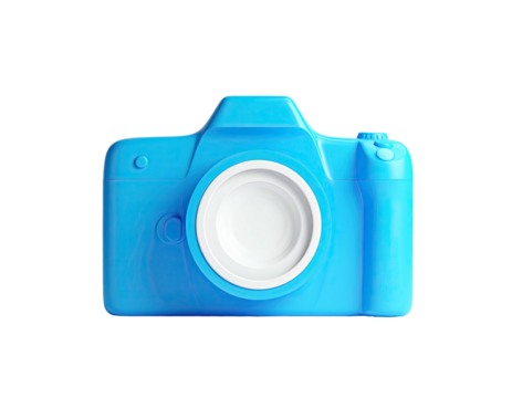 A vibrant blue camera icon, lens centered on a black background - Powered by Adobe