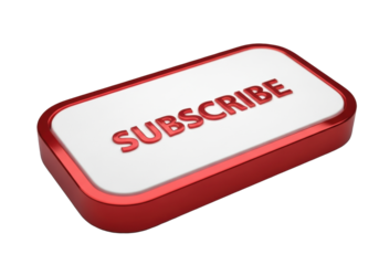 A hyper-realistic white UI button with softly rounded corners and a glossy red border, featuring 'SUBSCRIBE' text, captured mid-press on a transparent background. Concept for digital interface design