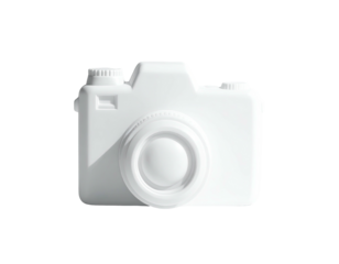 A white, stylized camera icon isolated on a black background, simple, flat