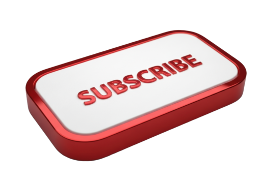 A hyper-realistic white UI button with softly rounded corners and a glossy red border, featuring 'SUBSCRIBE' text, captured mid-press on a transparent background. Concept for digital interface design