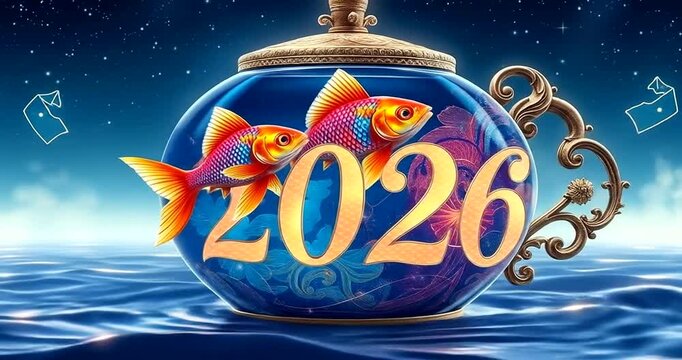 Colorful fish pot with three rainbow fish, starry night sky, '2026' glowing on the water surface