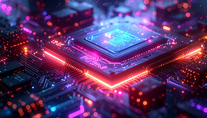 Fototapeta premium Cybernetic Core: A hyper-realistic depiction of a cutting-edge central processing unit (CPU) ablaze with neon light, suggesting a world of futuristic technology and computational power.