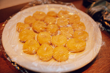 Homemade Japanese Mochi with Apricot — Traditional Sweet Dessert on White Plate