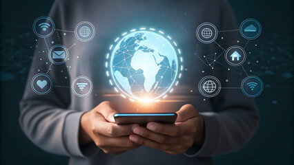 Naklejka premium Global connectivity at your fingertips, showcasing a modern digital world with intuitive network access, streamlined communication, and seamless social interaction