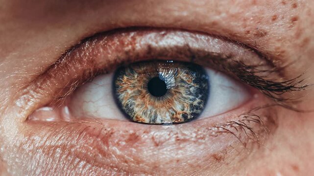 Extreme macro of a human iris reveals intricate patterns and reflections, sharp lashes and skin textures adding tactile realism; powerful science visual for biometrics, healthcare explainers