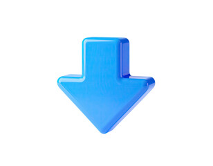 A bright, glossy blue arrow points downward against a stark black background