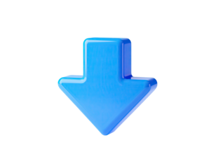 A bright, glossy blue arrow points downward against a stark black background