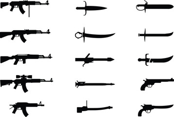 Weapon silhouette set, rifles, pistols, knives, swords, melee and firearm icons, black vector grid, cad drawing flat vector illustration