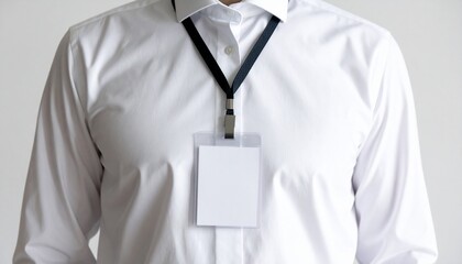 Close-up of a man in white shirt wearing a blank ID badge with black lanyard, ideal for corporate office, seminar, and business event identification concepts