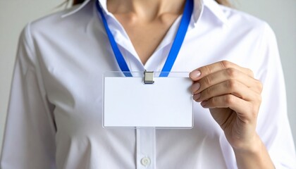 Close-up of a person wearing a white shirt holding a blank ID badge with blue lanyard, perfect for corporate office, business seminar, and event identification concepts