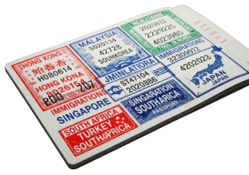 Vibrant, pigmented, overlapping passport and visa stamps, glossy with intricate details on curved page, isolated on transparent, concept of global travel