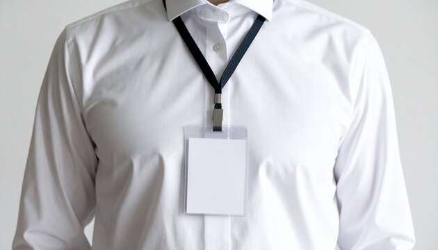 Close-up of a man in white shirt wearing a blank ID badge with black lanyard, ideal for corporate office, seminar, and business event identification concepts