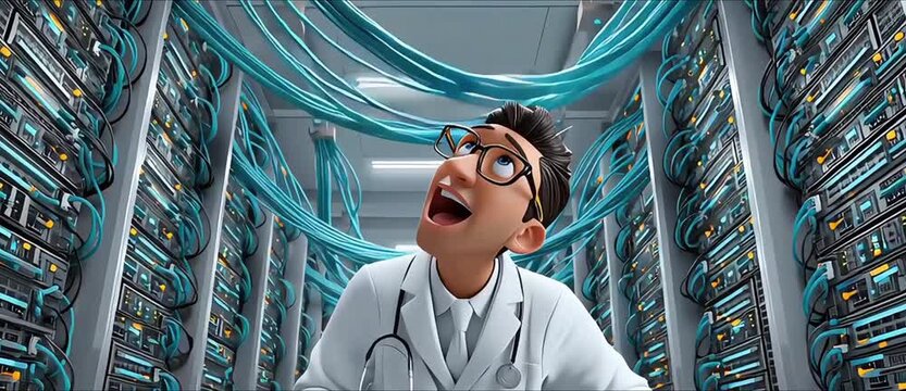 A joyful professional celebrates success in a server room filled with cables and equipment.