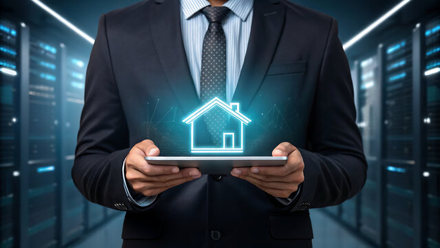 Modern businessman holding tablet with glowing house icon for real estate tech, smart home solutions, and secure property data management in data center