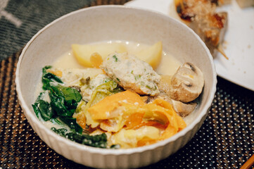 Healthy Japanese tofu and vegetable hot pot served in a ceramic bowl — soy milk nabe dish