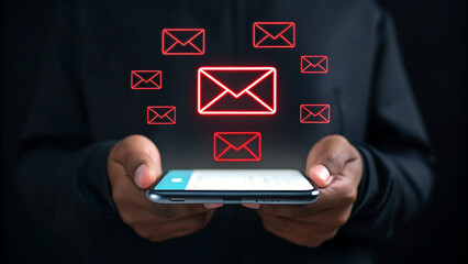 Check Your Inbox Now: Businessman holding smartphone with glowing email notifications, modern communication, digital marketing, staying connected