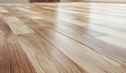 Close-up view of a polished wood floor with light beige and brown tones, showcasing the natural wood grain patterns.