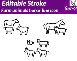 Farm animals horse icon character in a flat. minimal vector style, featuring a friendly brown horse with a flowing mane, upright ears, strong legs. The design can show the horse in a standing grazing.