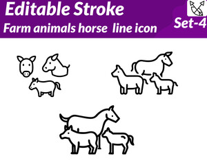 Farm animals horse icon character in a clean, minimal vector style, showing a gentle horse with smooth body lines, upright ears, and a flowing mane. The horse can be standing, grazing, or trotting.