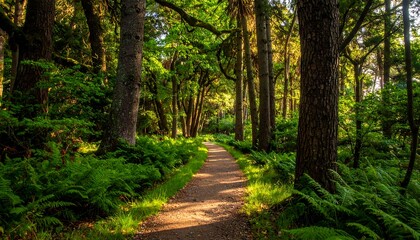 Sunlit path through a lush forest (1)