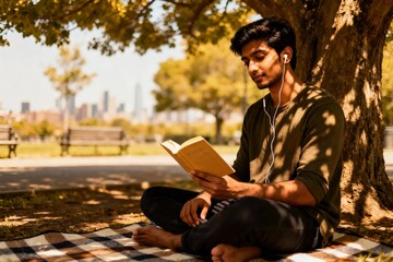 Young Man Reading Book Outdoors in Park