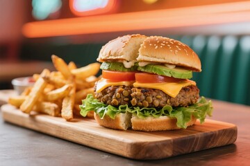 Delicious Veggie Burger with Fries on Wooden Board