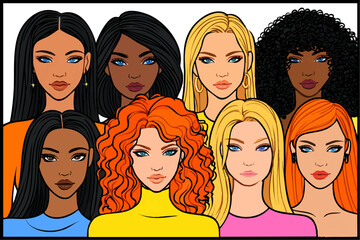 a group of nine women with different colors each displaying different expressions