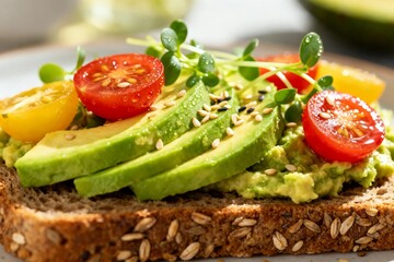 Healthy Avocado Toast with Cherry Tomatoes and Microgreens