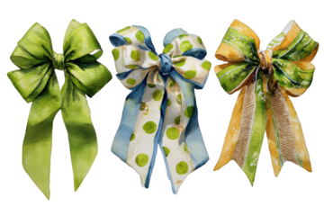 Three Watercolor Ribbon Bows in Green, Blue with Green Dots, and Yellow with Green Stripes on Transparent Background