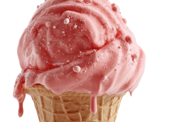 Isolated Strawberry Ice Cream Cone on Transparent Background with Pink Hue Creamy Texture and Drizzling Syrup Dessert on a Waffle Cone with White Sprinkles Sweet Treat for Summer