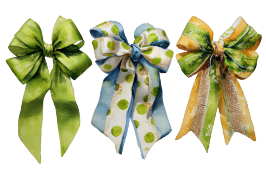 Three Watercolor Ribbon Bows in Green, Blue with Green Dots, and Yellow with Green Stripes on Transparent Background