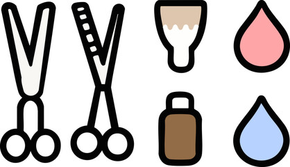 a flat line design featuring different types of items such as scissors a brush and a bottle