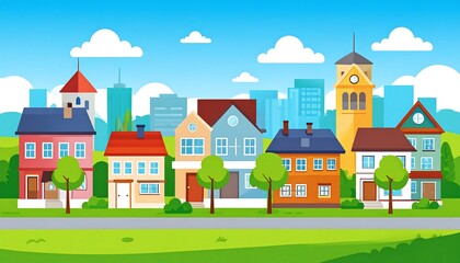 Colorful cartoon cityscape with houses and trees
