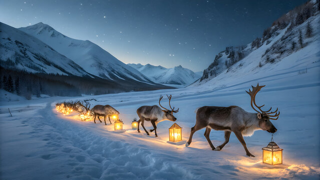 Magical winter scene reindeer parade carrying lanterns through snowy mountain valley under stars - Powered by Adobe