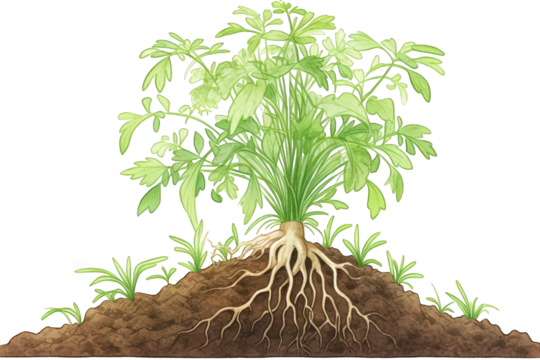 Herbaceous Plant Illustration with Roots on Soil Against Transparent Background Detailed Green Leaves and Brown Roots Educational Botanical Representation for Gardening Concepts Adobe Stock Photo