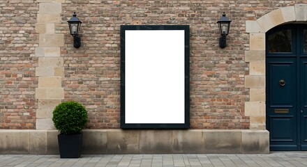 Blank vertical signboard mockup centered on a rustic brick wall with traditional lanterns and a dark blue door.

