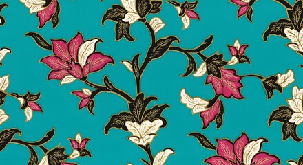 Obraz premium Floral Batik Pattern, Teal Background, Pink and White Flowers