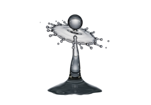 Pristine water droplet impacting smooth liquid, dynamic splash crown, micro-droplets, ripples, isolated on transparent, extreme macro, dramatic backlighting, concept of scientific precision