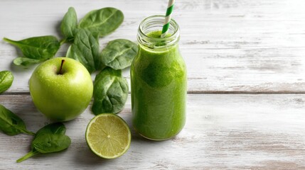 A refreshing green smoothie sits in a glass bottle beside a fresh green apple and halved lime, with spinach leaves scattered on a rustic wooden table.