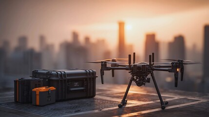 Modern drone and its case ready for aerial photography or surveillance in urban setting at sunset