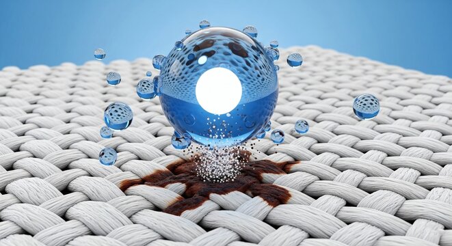 High-tech cleaning concept shows a powerful water droplet actively breaking down a tough stain on a fabric surface illustrating advanced detergent technology