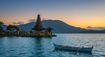 Tranquil waterscape with ancient temple and boat at sunset creating serene atmosphere and landscape photography