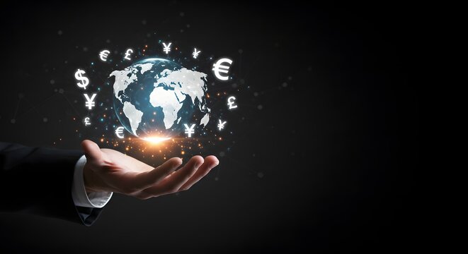 Global Finance Concept with Hand Holding Earth and Currency Symbols